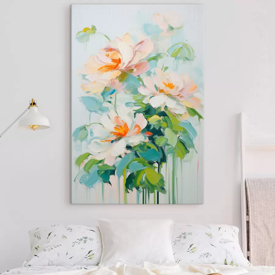 Wandbilder Weiß und Pastell Pfirsich Blumen, grüne Blätter, weiche Pinselstriche Ölgemälde Nachahmung, hellblauem Hintergrund s45550