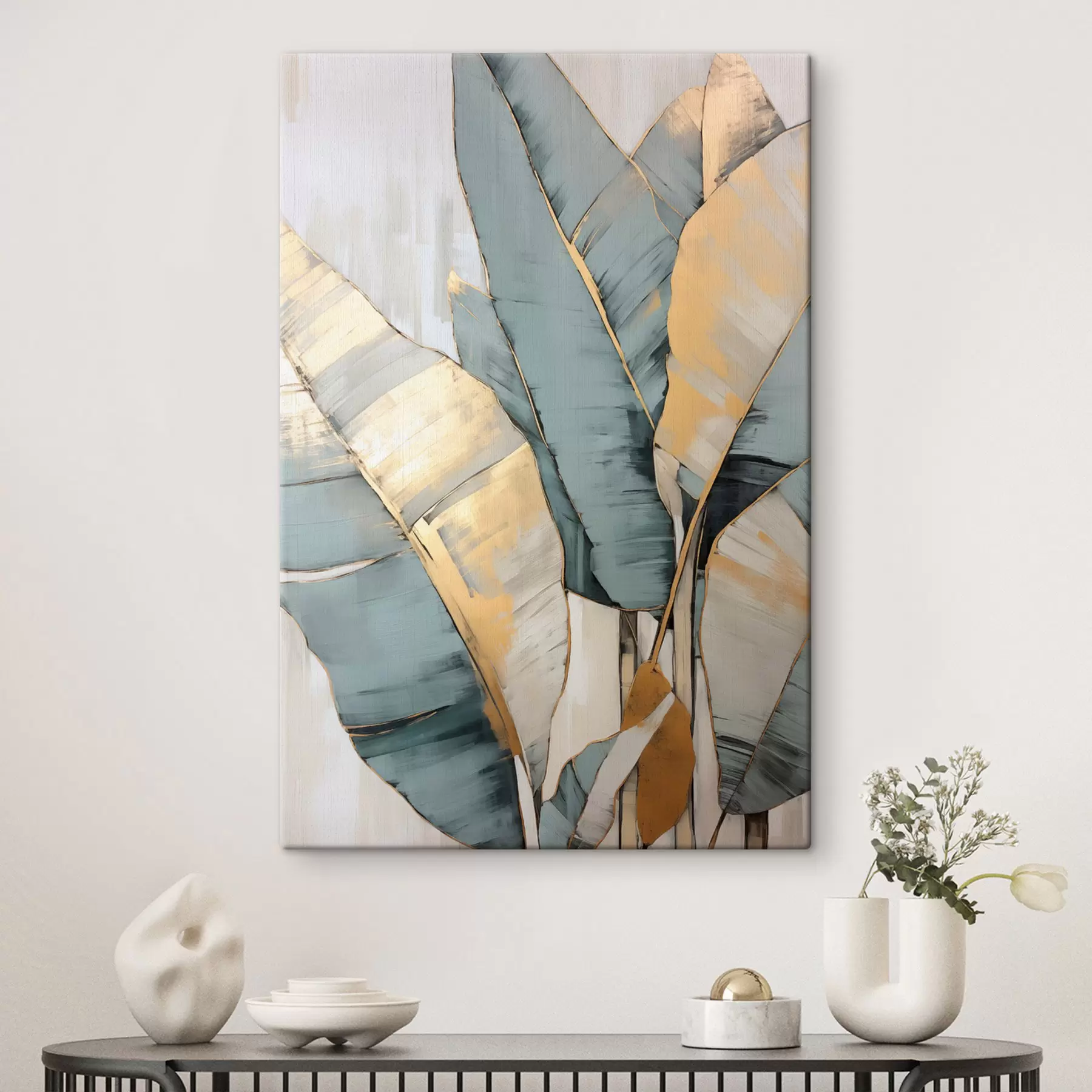Wandbilder Gedämpfte blaue, graue und gelbe Bananenblätter mit sichtbaren Pinselstrichen vor einem weißen abstrakten Hintergrund s45552
