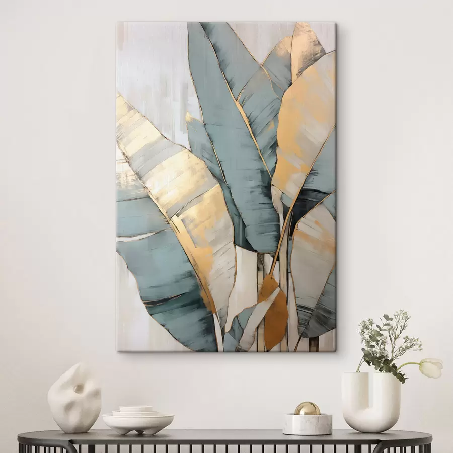 Wandbilder Gedämpfte blaue, graue und gelbe Bananenblätter mit sichtbaren Pinselstrichen vor einem weißen abstrakten Hintergrund s45552