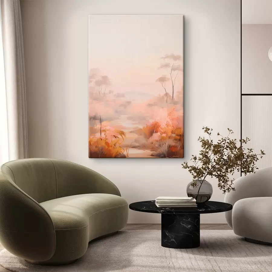 Wandbilder Eine Landschaft mit Sträuchern und Bäumen in Rosa-, Orange- und Brauntönen, mit Bergen im Hintergrund s45553