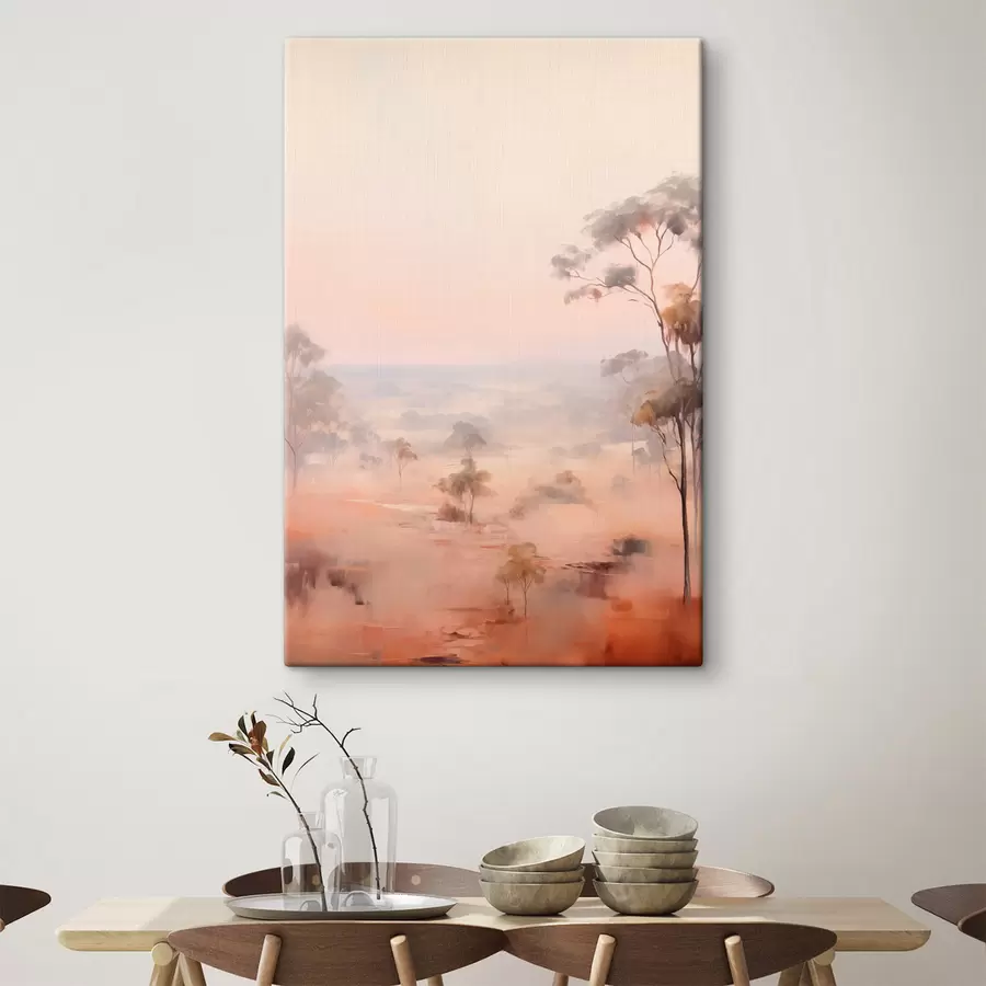 Wandbilder Eine Landschaft mit Sträuchern und Bäumen in Pastelltönen von Rosa, Orange und Braun, mit Bergen im Hintergrund s45554