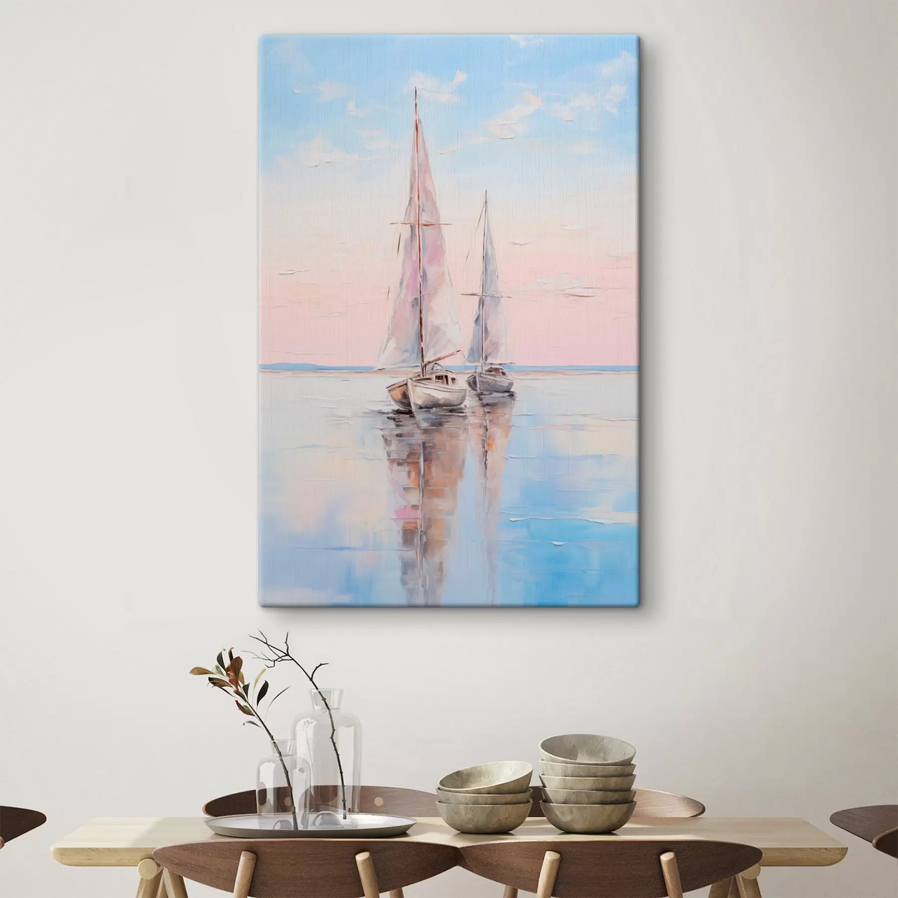 Wandbilder Segelboote mit rosafarbenen Segeln, die auf einer ruhigen See treiben, Spiegelungen der Boote im Wasser, sanfte Pastellfarben s45558
