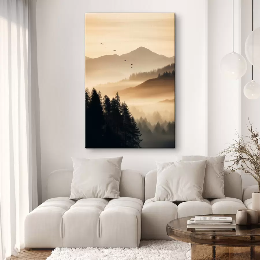 Wandbilder Eine Berglandschaft mit einem Wald und Vögeln fliegen in den Himmel, alle in einer dicken Schicht von Nebel während des Sonnenaufgangs bedeckt s45563