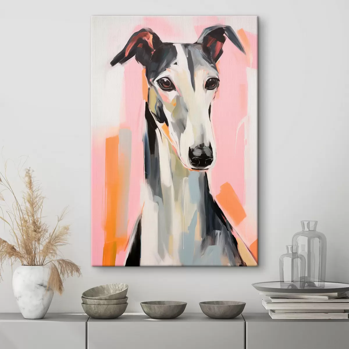 Wandbilder Ein Windhund vor einem Hintergrund aus rosa, orangefarbenen und weißen Pinselstrichen s45566