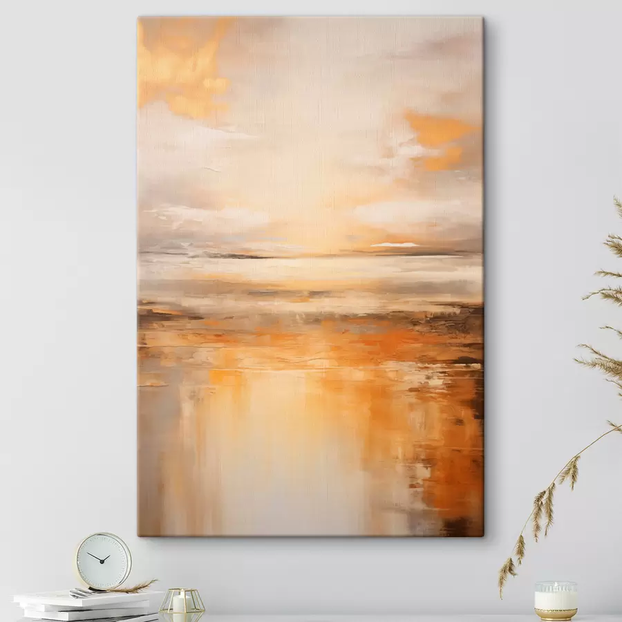 Wandbilder Ein abstraktes Gemälde von einer Strandlandschaft mit einem ruhigen Meer, orangefarbenem Sand und einem bewölkten Himmel mit Sonne s45567