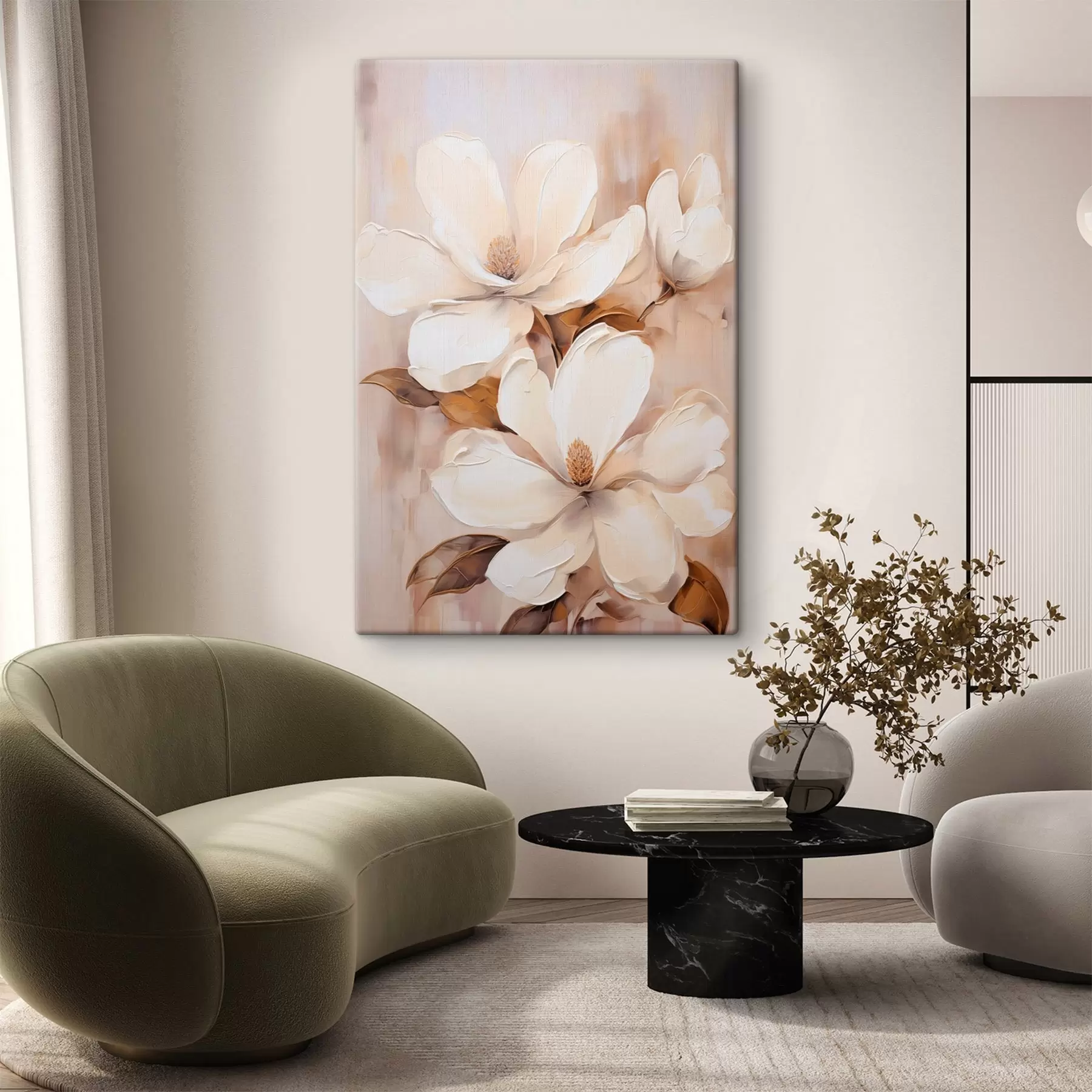 Wandbilder Weiße Magnolienblüten vor einem weichen, unscharfen Hintergrund aus Beige- und Brauntönen, Malstil s45572