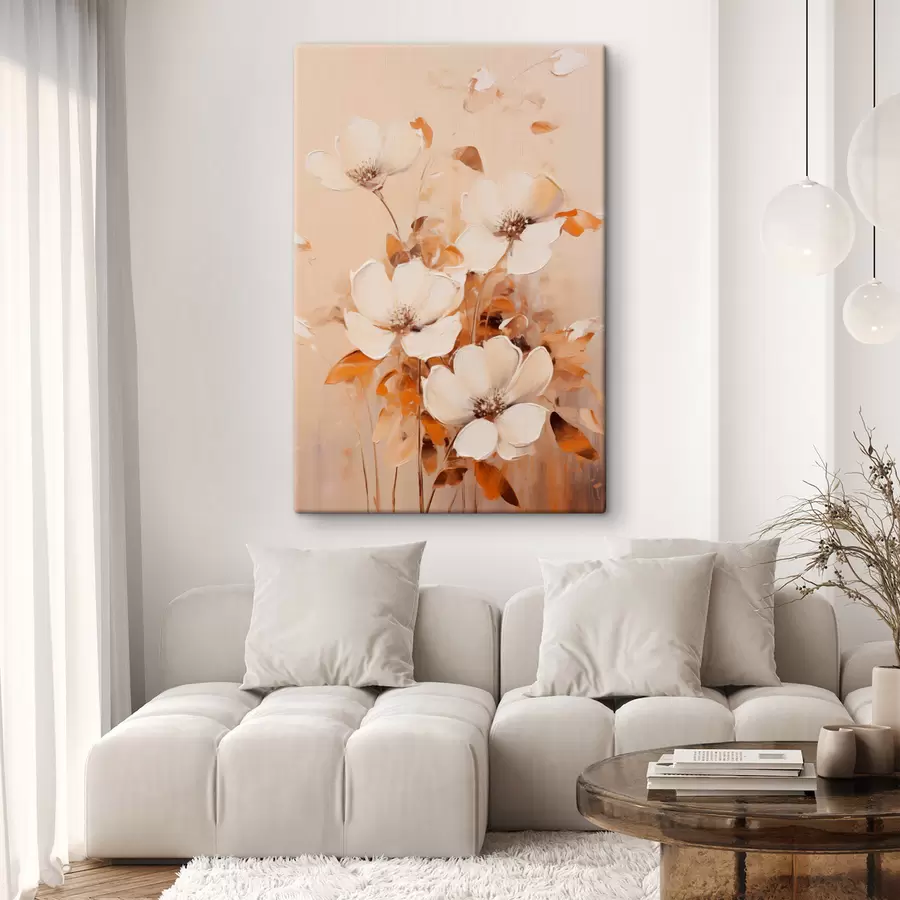 Wandbilder Weiße Blumen mit orangefarbenen Blättern, zarte Pinselstriche, warme Farbpalette, elegante Komposition s45573