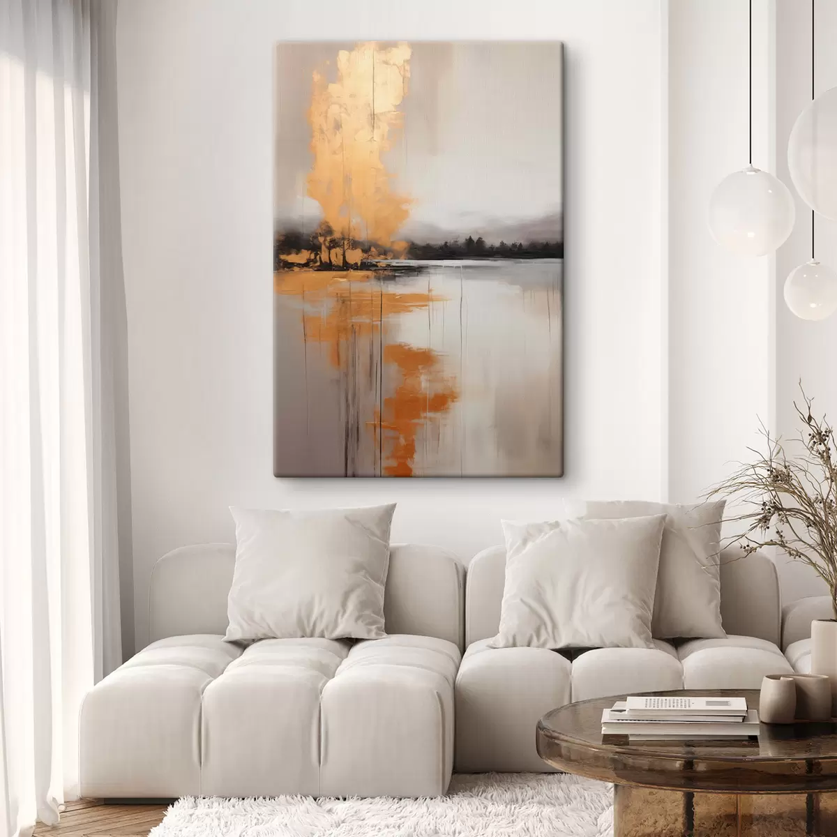 Wandbilder Eine abstrakte Landschaft mit einem See, Baum und gelben Nebel, das Wasser spiegelt und bewölkten Himmel s45575