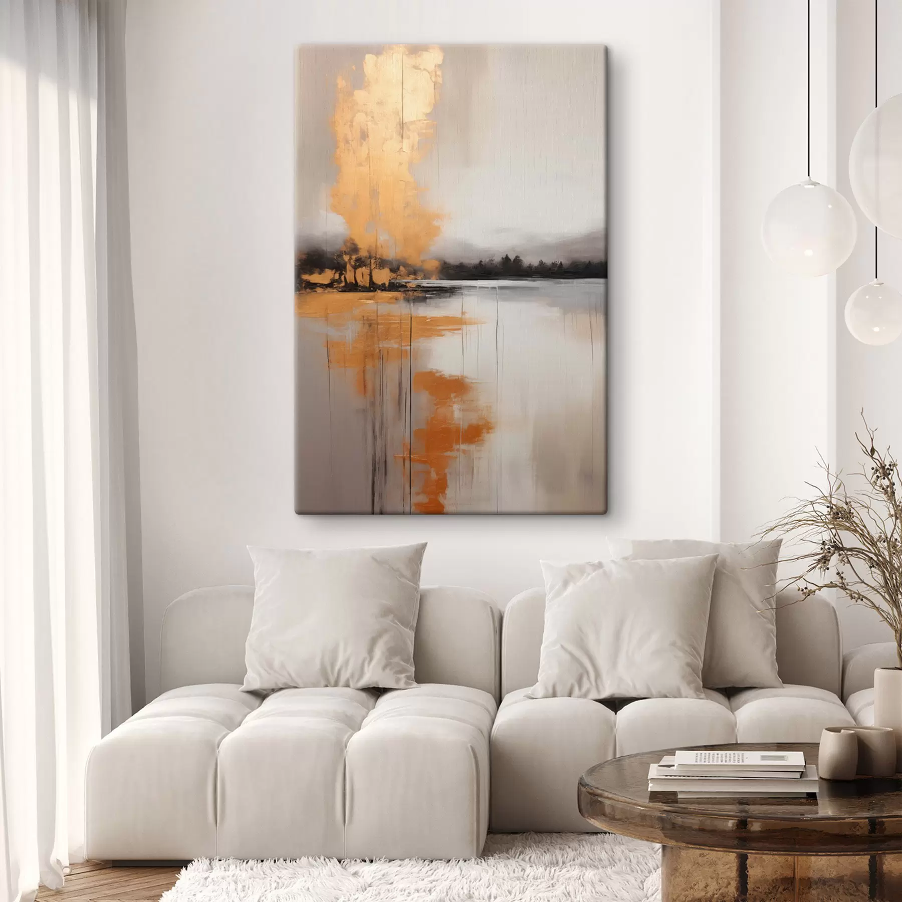 Wandbilder Eine abstrakte Landschaft mit einem See, Baum und gelben Nebel, das Wasser spiegelt und bewölkten Himmel s45575