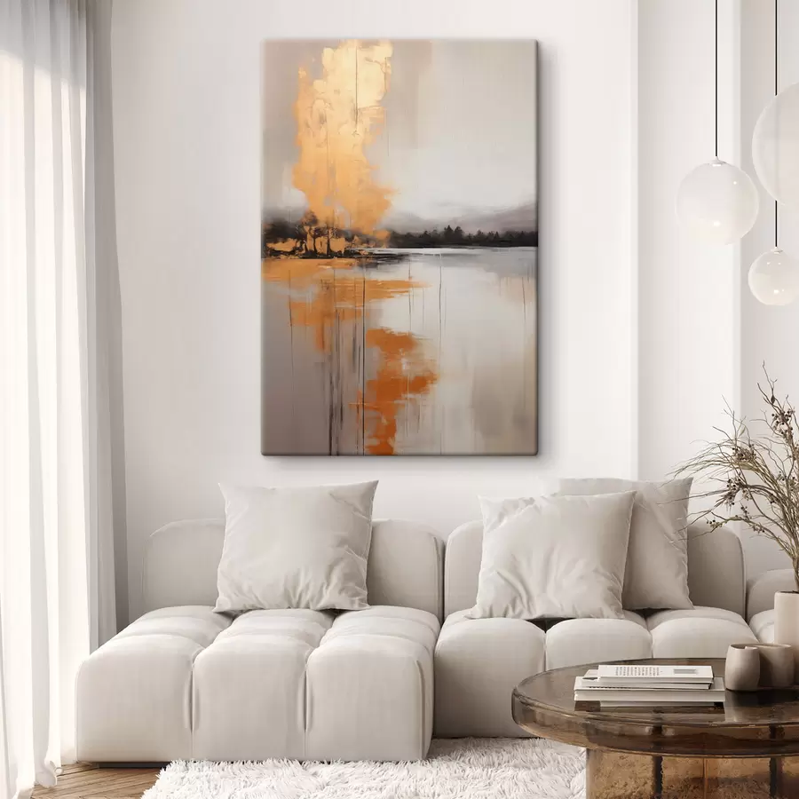 Wandbilder Eine abstrakte Landschaft mit einem See, Baum und gelben Nebel, das Wasser spiegelt und bewölkten Himmel s45575