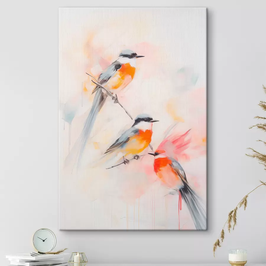 Wandbilder Vögel auf Zweigen, weiche Pastellfarben, heller Hintergrund mit rosa und weißen Farbtönen s45577