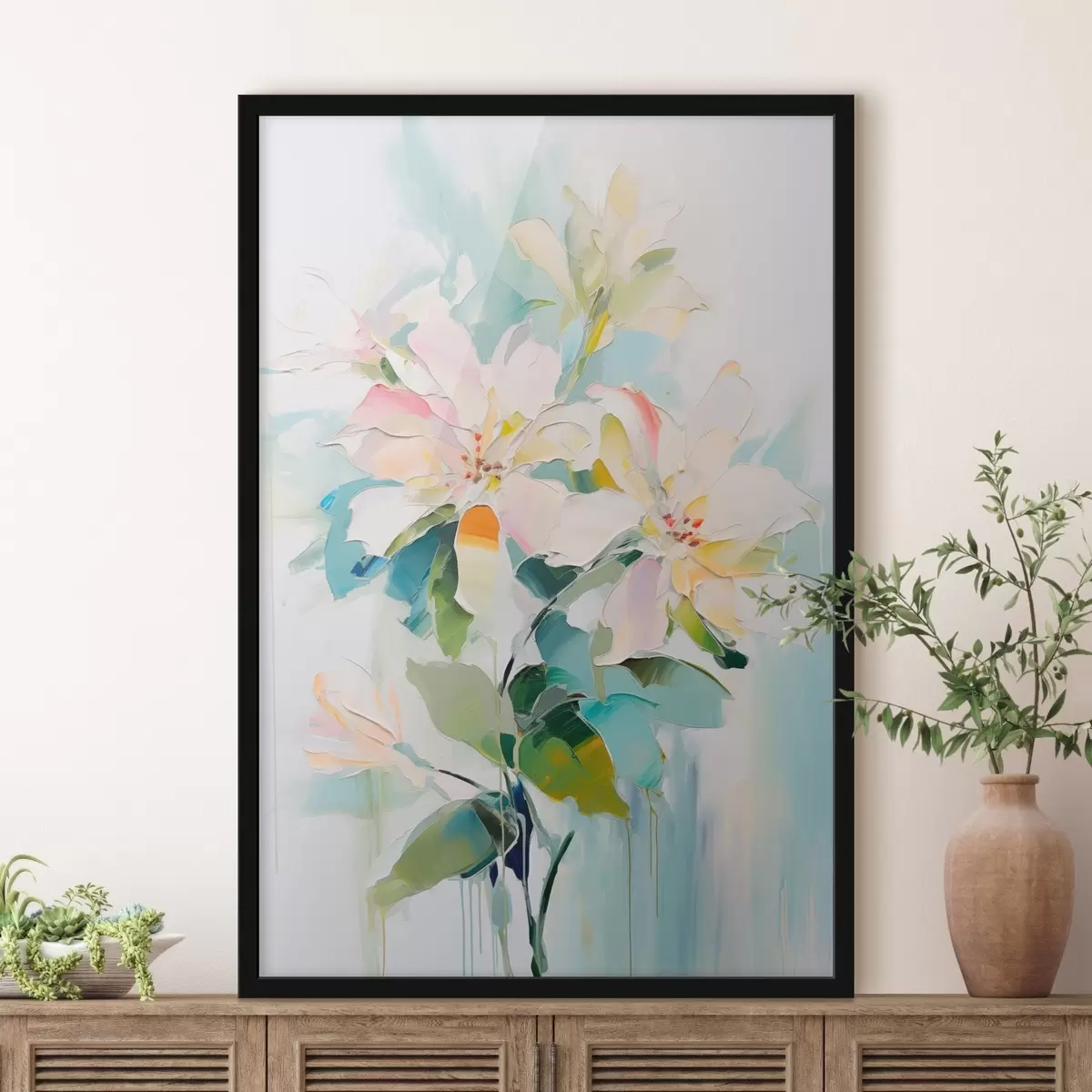 Poster Blumen mit bunten Akzenten, grüne Blätter, weiche Pinselstriche Ölgemälde Nachahmung, hellblauem Hintergrund f45549