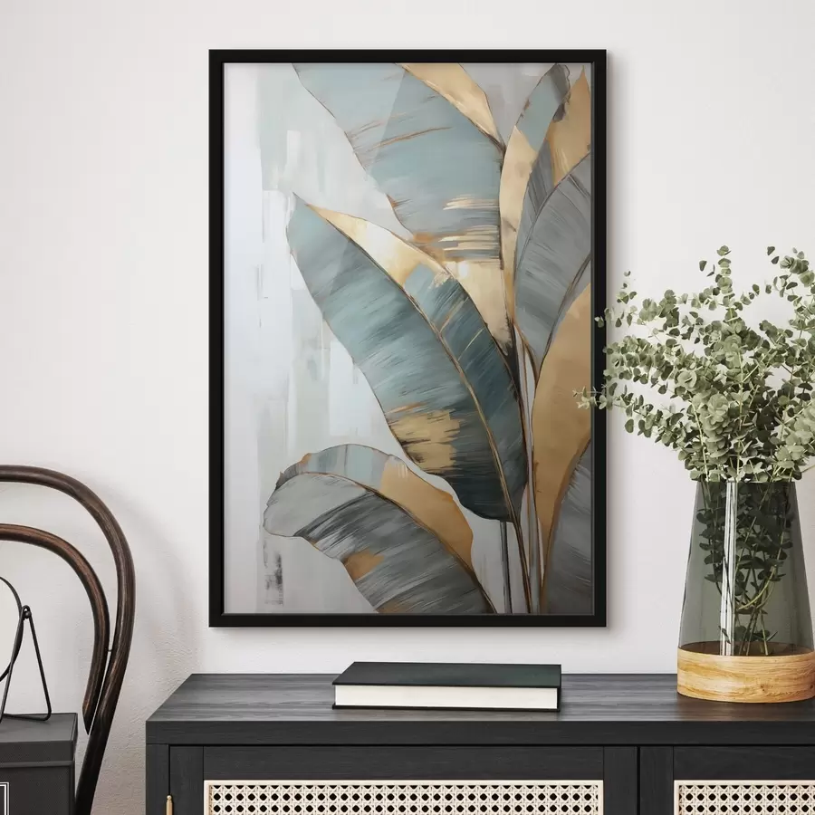 Fototapete Eine Reihe von gedämpften blauen, grauen und gelben Bananenblättern mit sichtbaren Pinselstrichen vor einem weißen abstrakten Hintergrund f45551