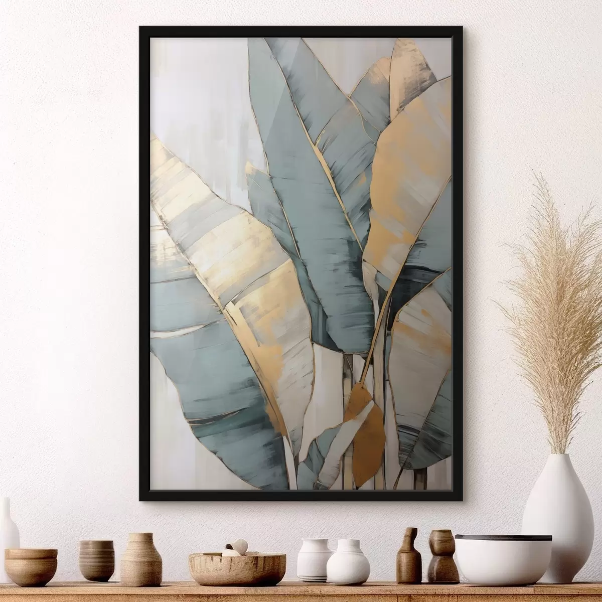 Poster Gedämpfte blaue, graue und gelbe Bananenblätter mit sichtbaren Pinselstrichen vor einem weißen abstrakten Hintergrund f45552