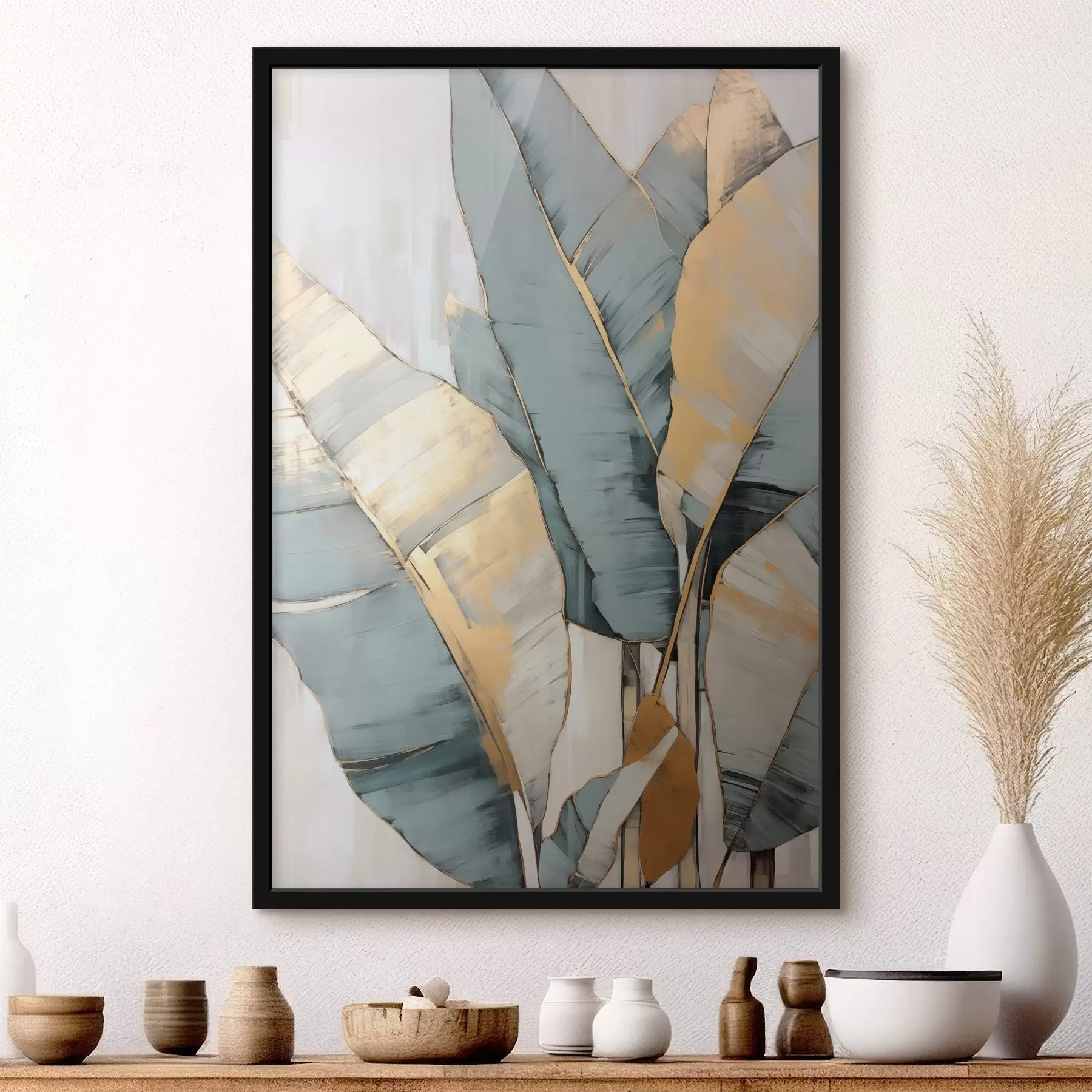 Fototapete Gedämpfte blaue, graue und gelbe Bananenblätter mit sichtbaren Pinselstrichen vor einem weißen abstrakten Hintergrund f45552