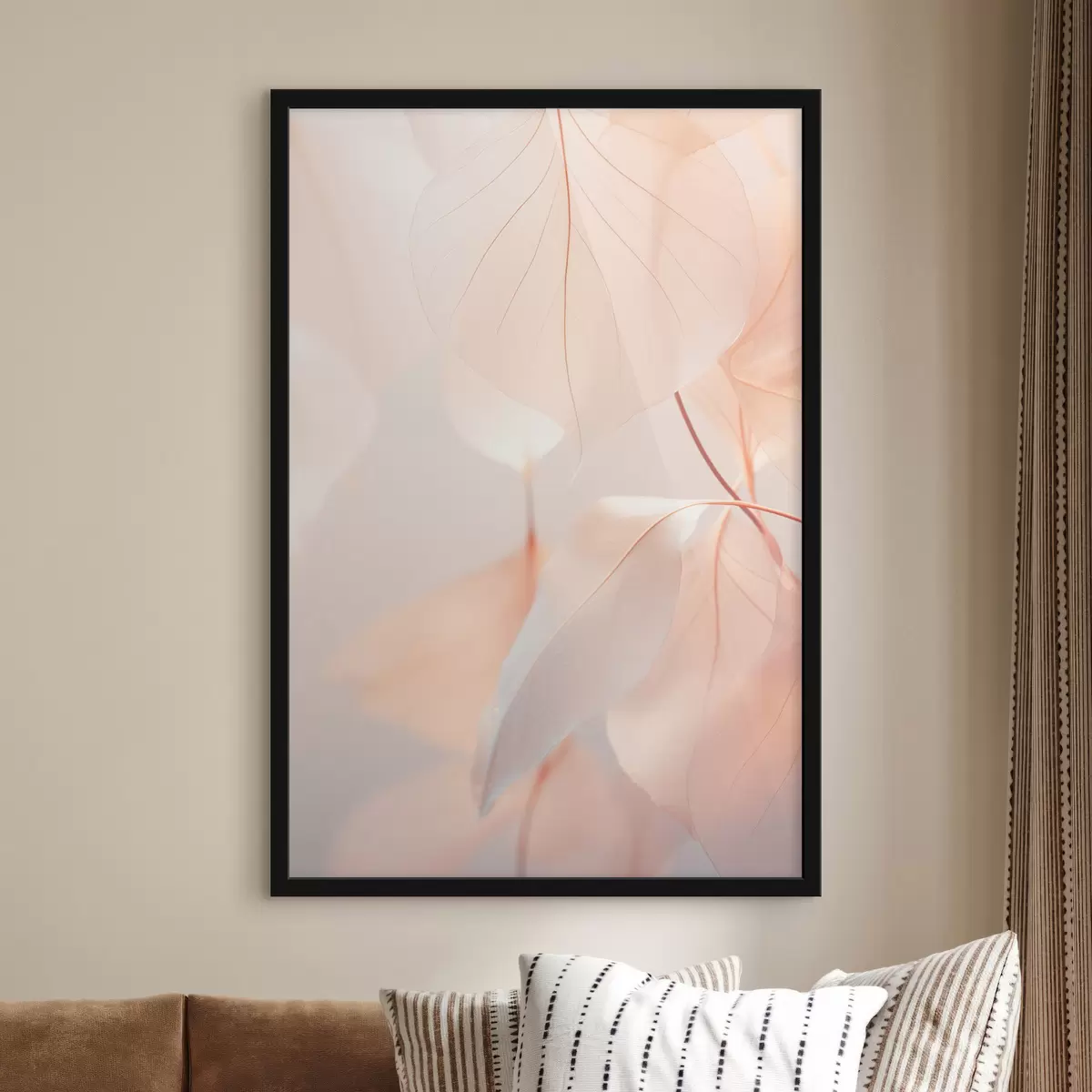 Poster Nahaufnahme von durchscheinenden Blättern mit zarten Adern, weiche Pfirsich und weiße Farbpalette, verschwommener Hintergrund f45556