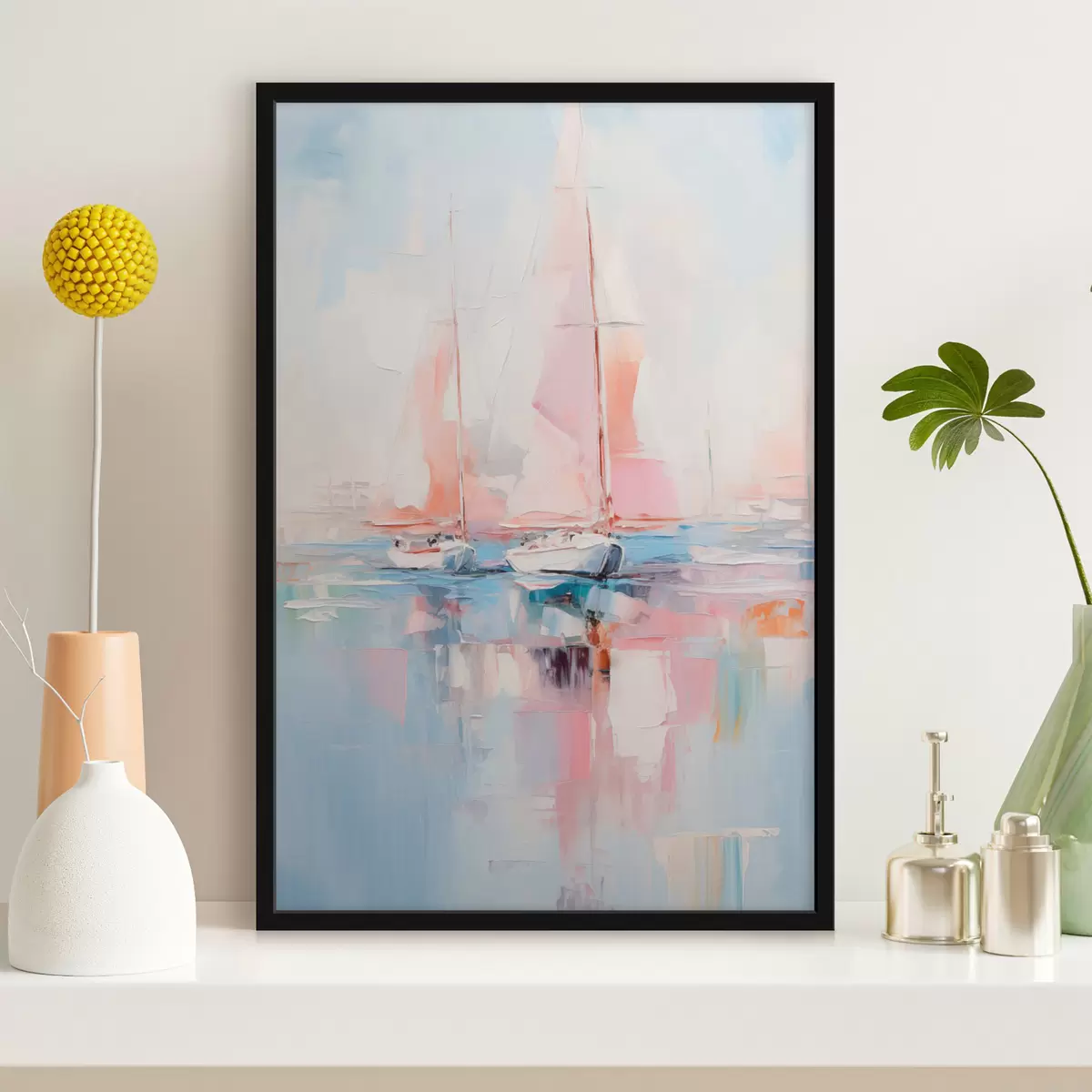Poster Segelboote mit rosafarbenen Segeln, die auf einer ruhigen See treiben, Spiegelungen der Boote im Wasser, sanfte Pastellfarben f45557