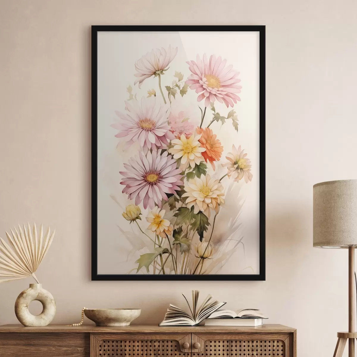 Poster Ein Blumenstrauß aus bunten Blumen, weiche Aquarell-Stil, auf einem hellen Hintergrund f45559