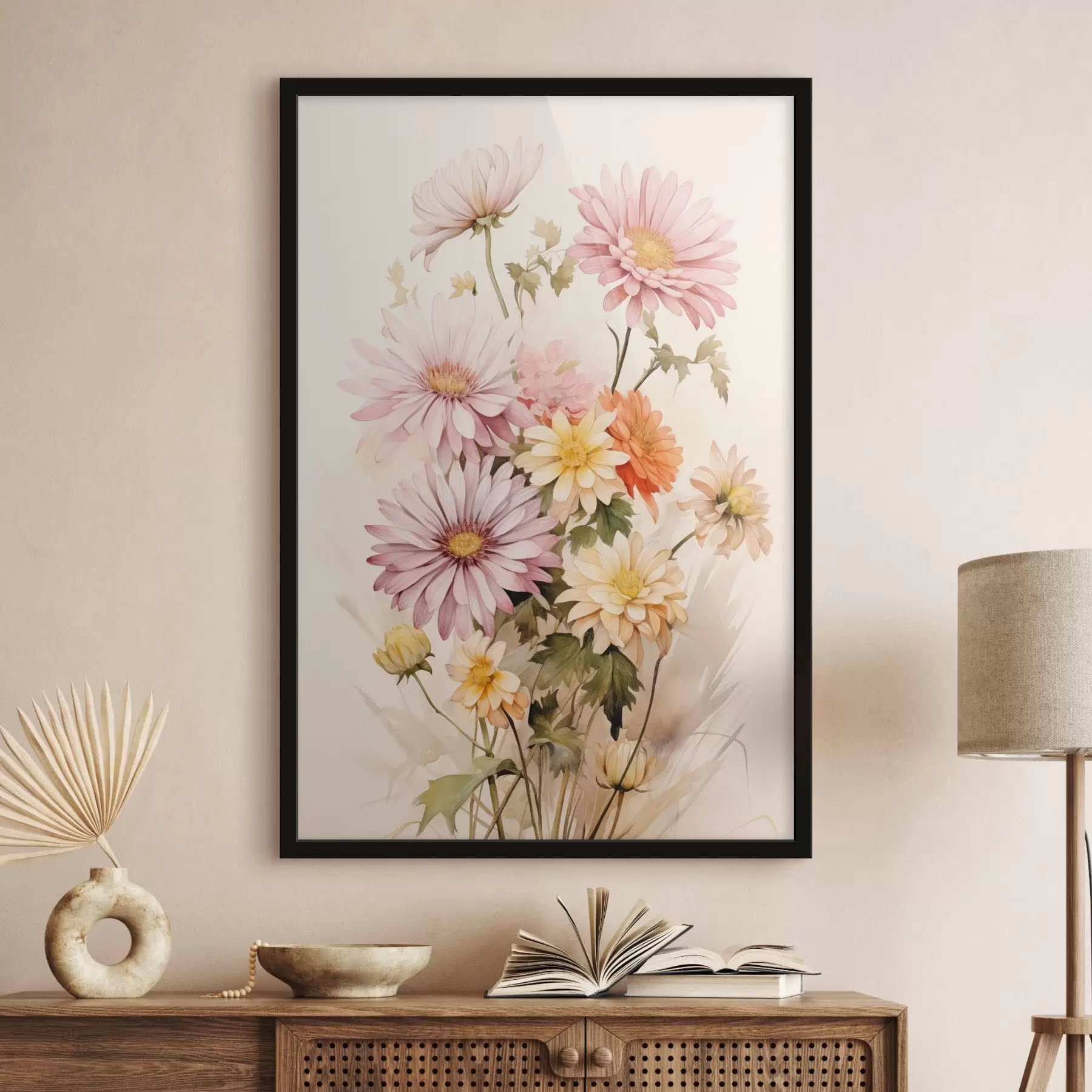 Fototapete Ein Blumenstrauß aus bunten Blumen, weiche Aquarell-Stil, auf einem hellen Hintergrund f45559