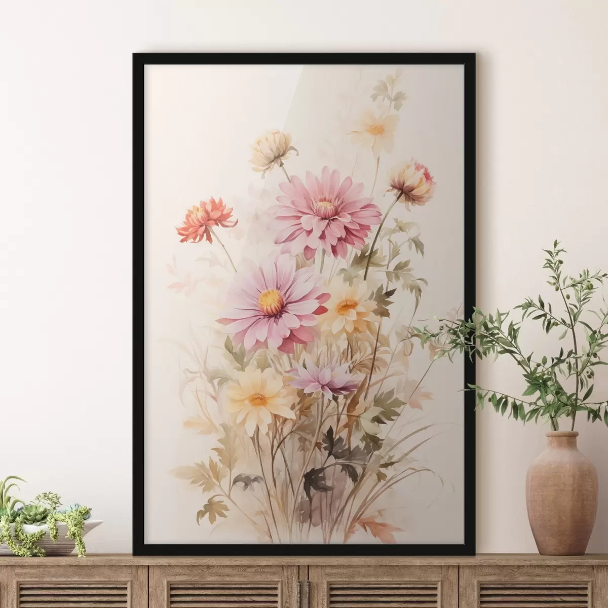 Poster Ein Blumenstrauß aus bunten Blumen, weichen Aquarell-Stil, auf einem hellen Hintergrund, botanische Illustration f45560