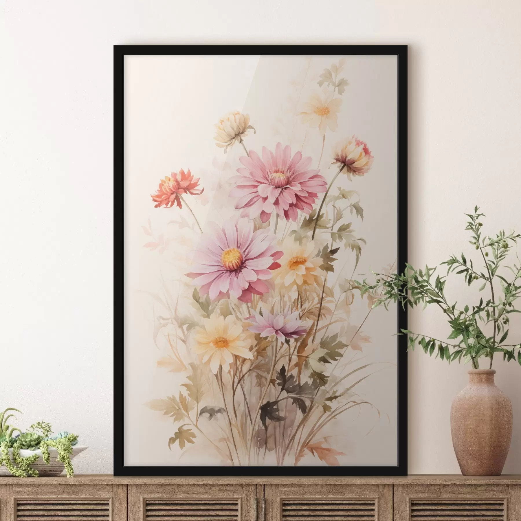 Fototapete Ein Blumenstrauß aus bunten Blumen, weichen Aquarell-Stil, auf einem hellen Hintergrund, botanische Illustration f45560