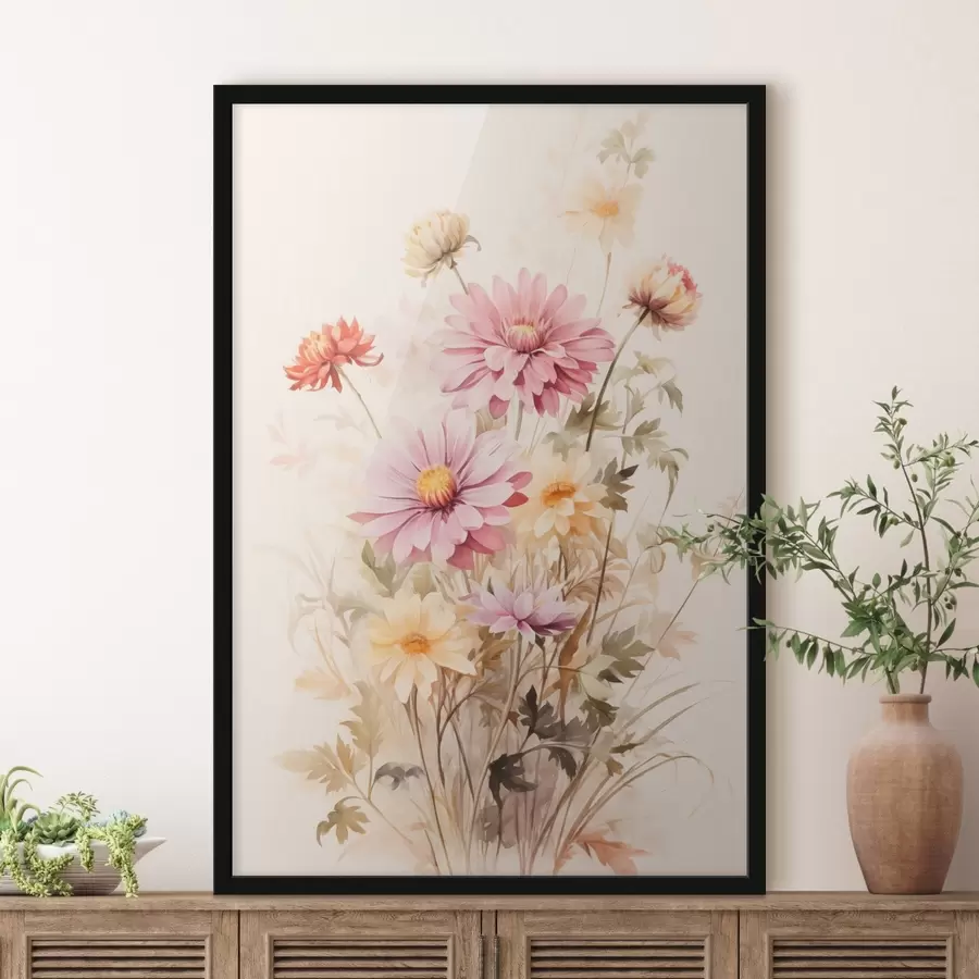 Fototapete Ein Blumenstrauß aus bunten Blumen, weichen Aquarell-Stil, auf einem hellen Hintergrund, botanische Illustration f45560