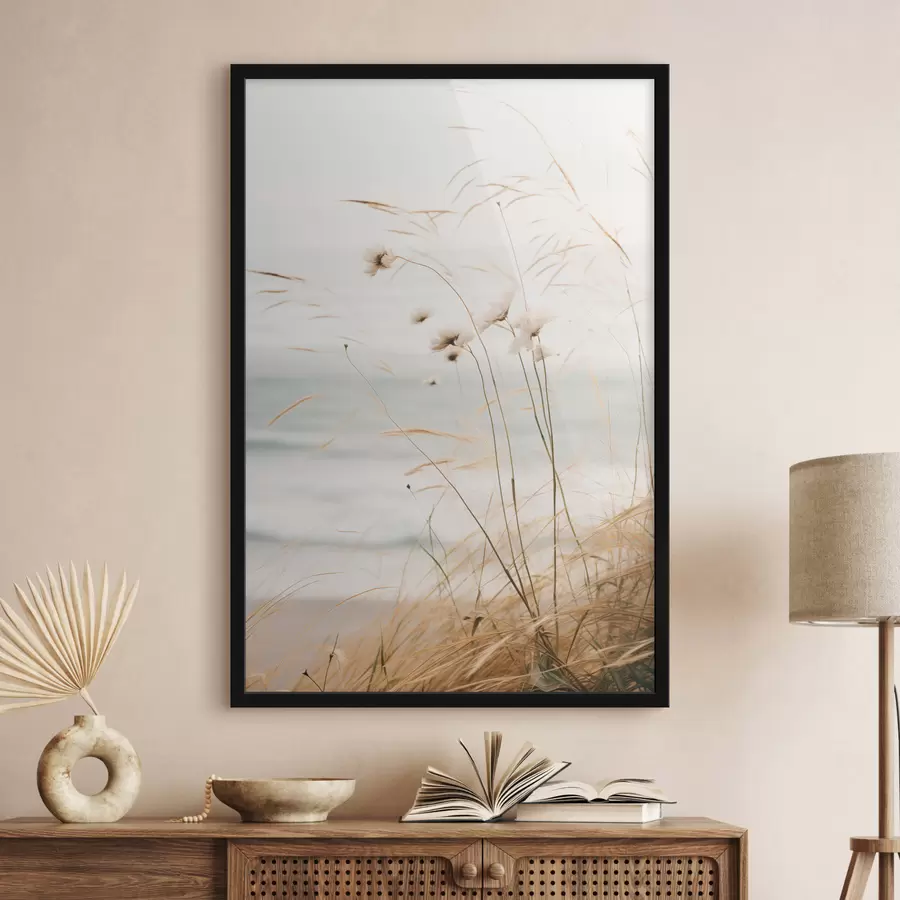 Fototapete Etwas Baumwollgras und anderes trockenes Gras vor einem verschwommenen Meer, weiche und gedämpfte Farbpalette f45562