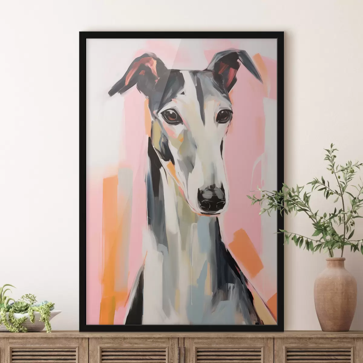 Poster Ein Windhund vor einem Hintergrund aus rosa, orangefarbenen und weißen Pinselstrichen f45566