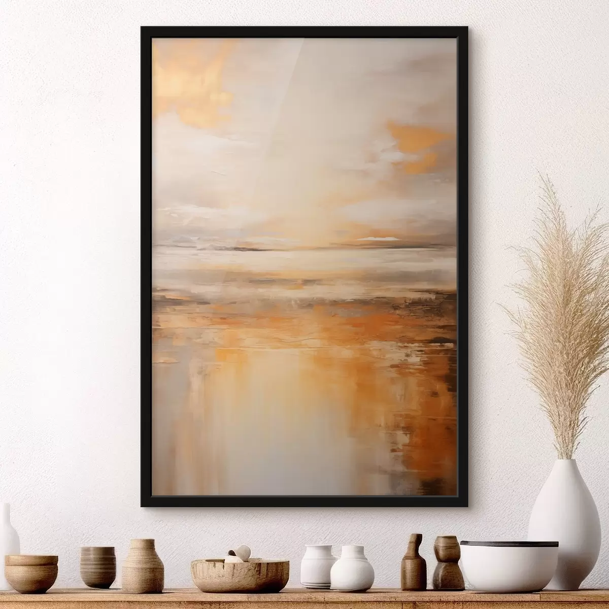 Poster Ein abstraktes Gemälde von einer Strandlandschaft mit einem ruhigen Meer, orangefarbenem Sand und einem bewölkten Himmel mit Sonne f45567