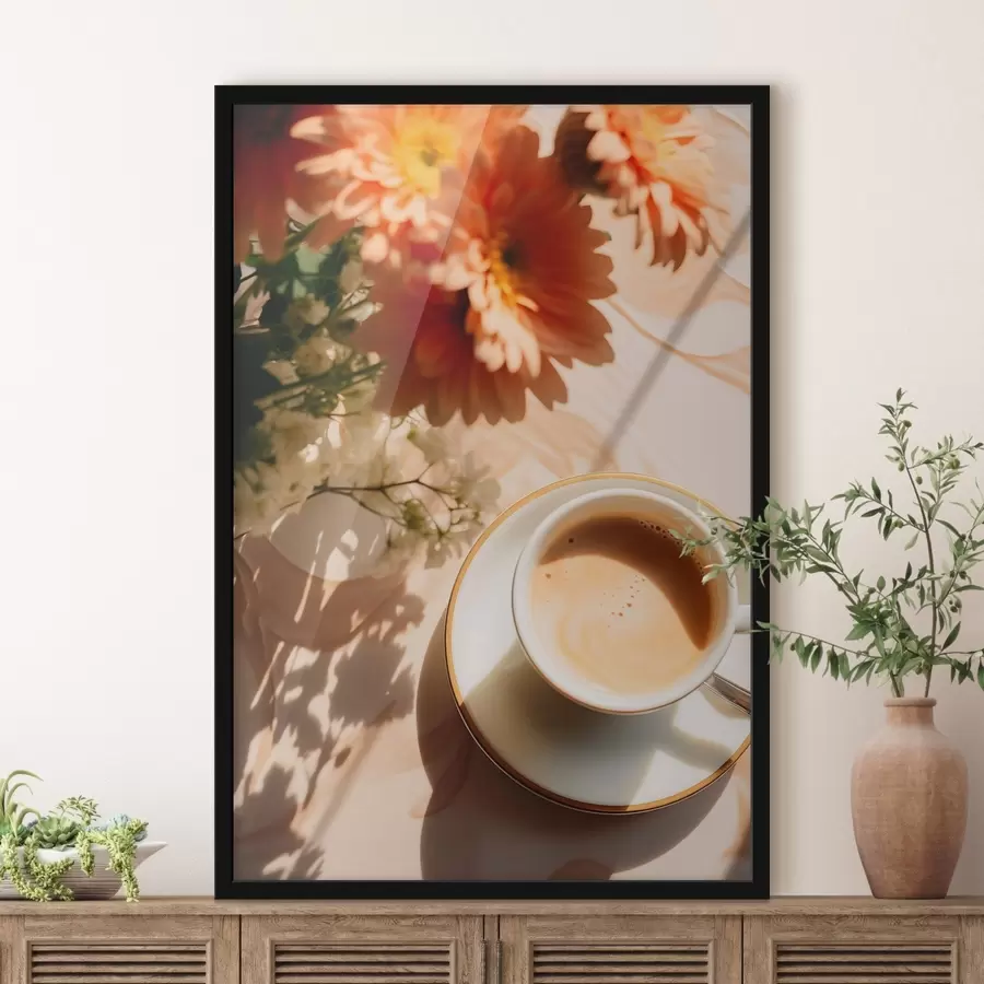 Fototapete Eine Tasse Kaffee mit Schaum auf einem weißen Teller, einige Blumen im Hintergrund, mit Sonnenlicht f45570