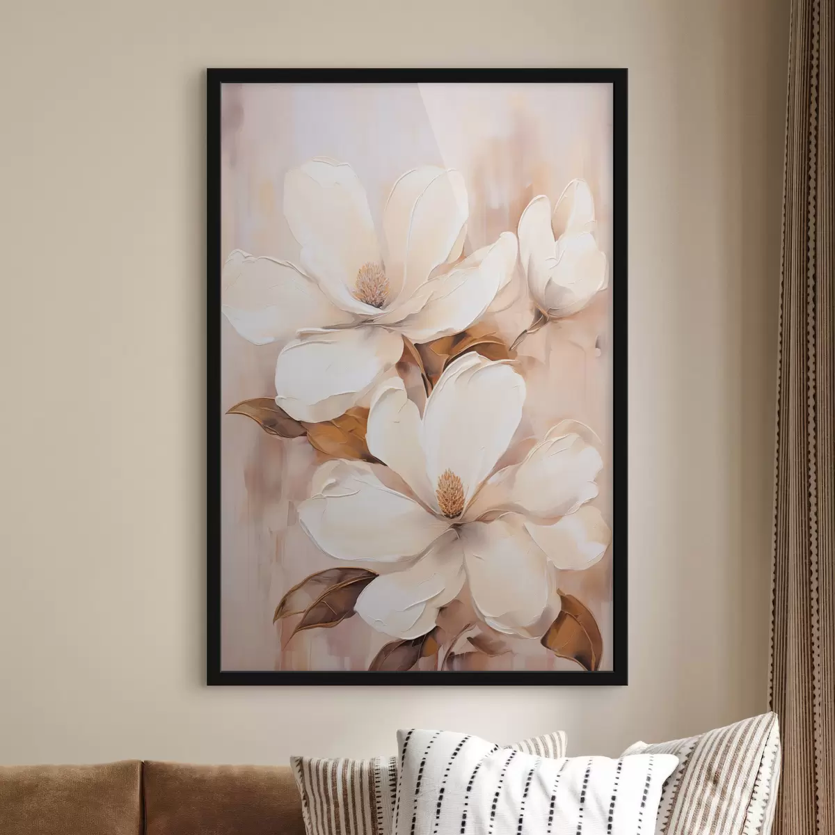 Poster Weiße Magnolienblüten vor einem weichen, unscharfen Hintergrund aus Beige- und Brauntönen, Malstil f45572