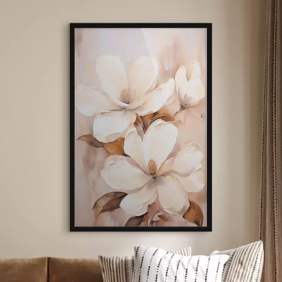 Fototapete Weiße Magnolienblüten vor einem weichen, unscharfen Hintergrund aus Beige- und Brauntönen, Malstil f45572