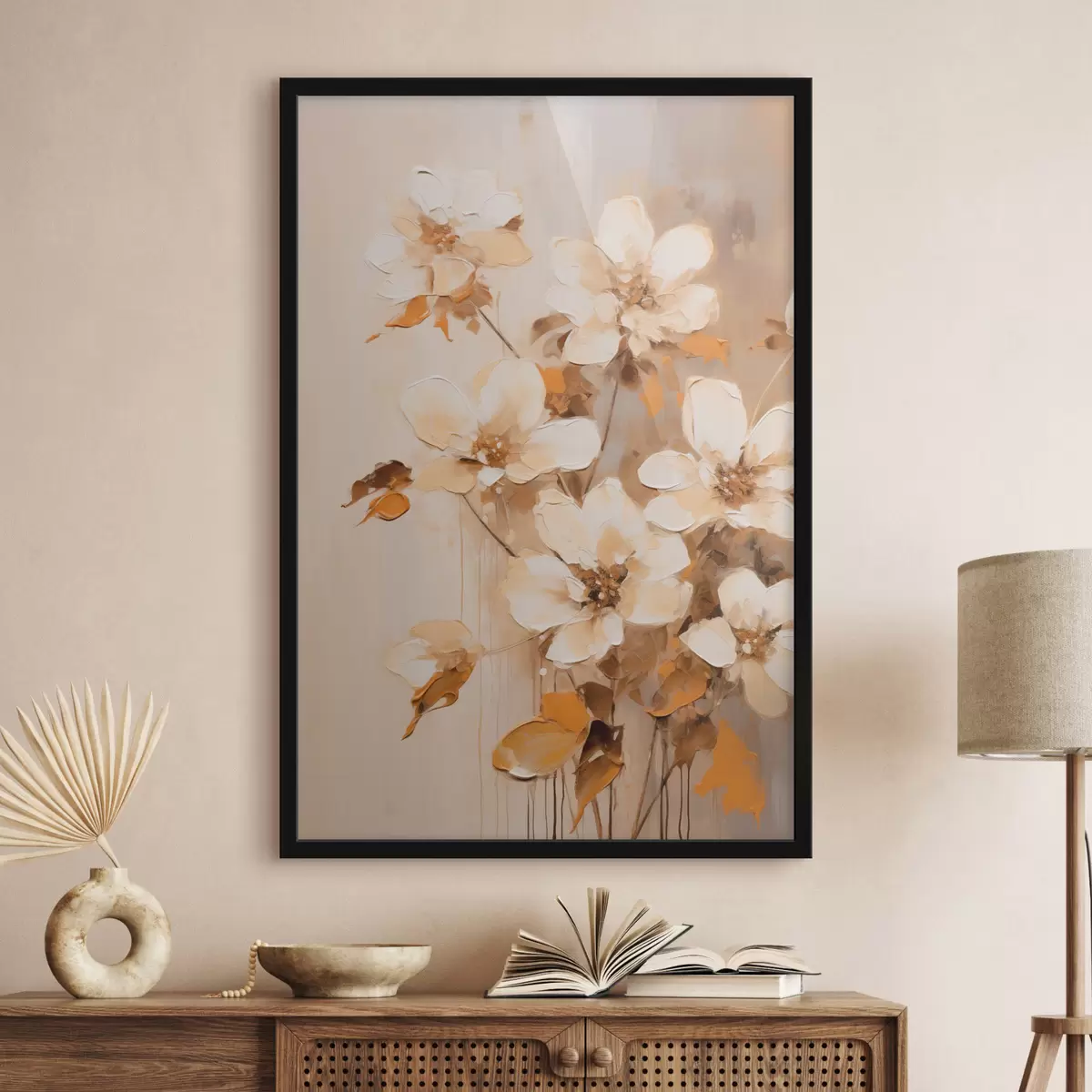 Poster Weiße Blumen mit orangefarbenen Blättern, zarte Pinselstriche, Blumenarrangement, botanische Kunst f45574