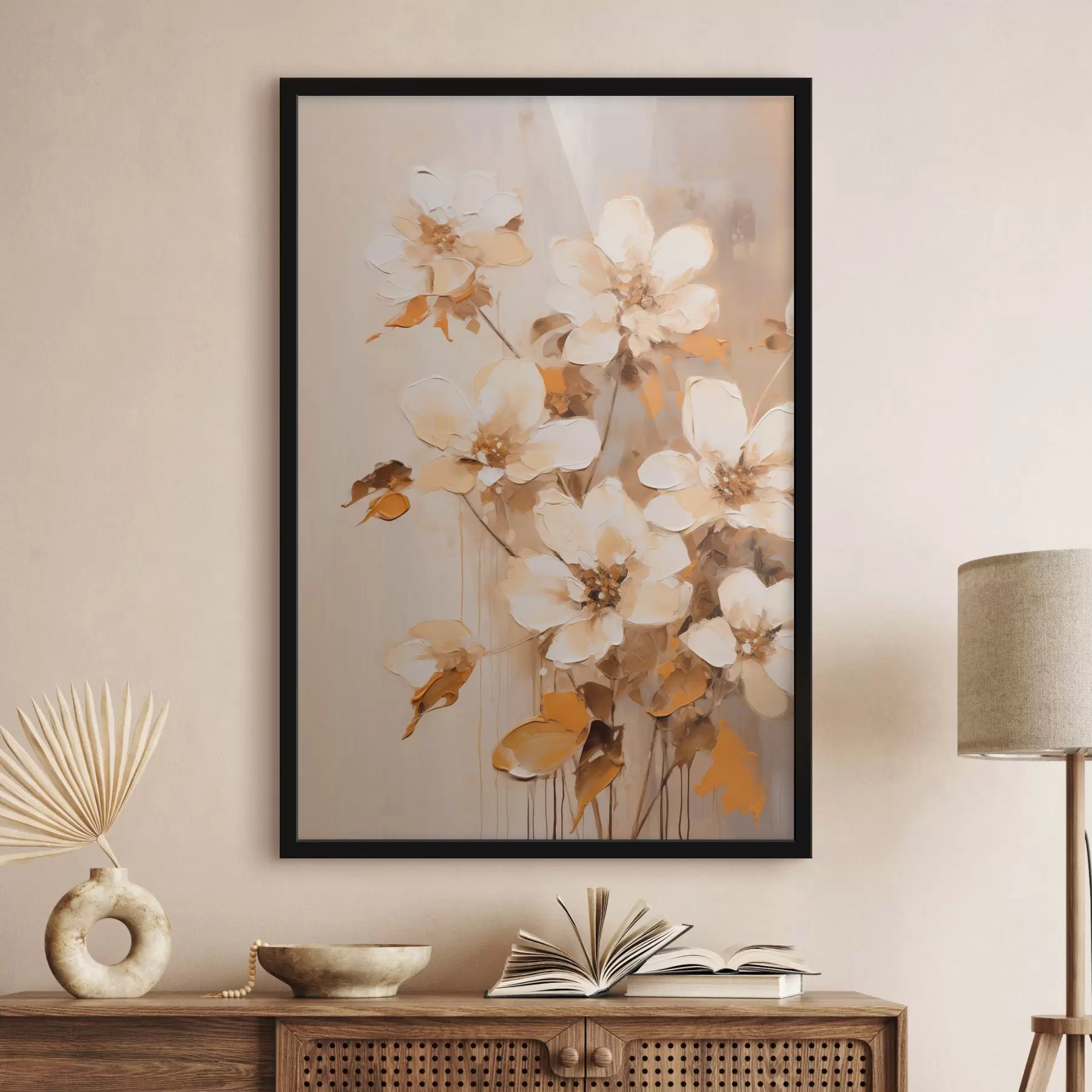 Fototapete Weiße Blumen mit orangefarbenen Blättern, zarte Pinselstriche, Blumenarrangement, botanische Kunst f45574