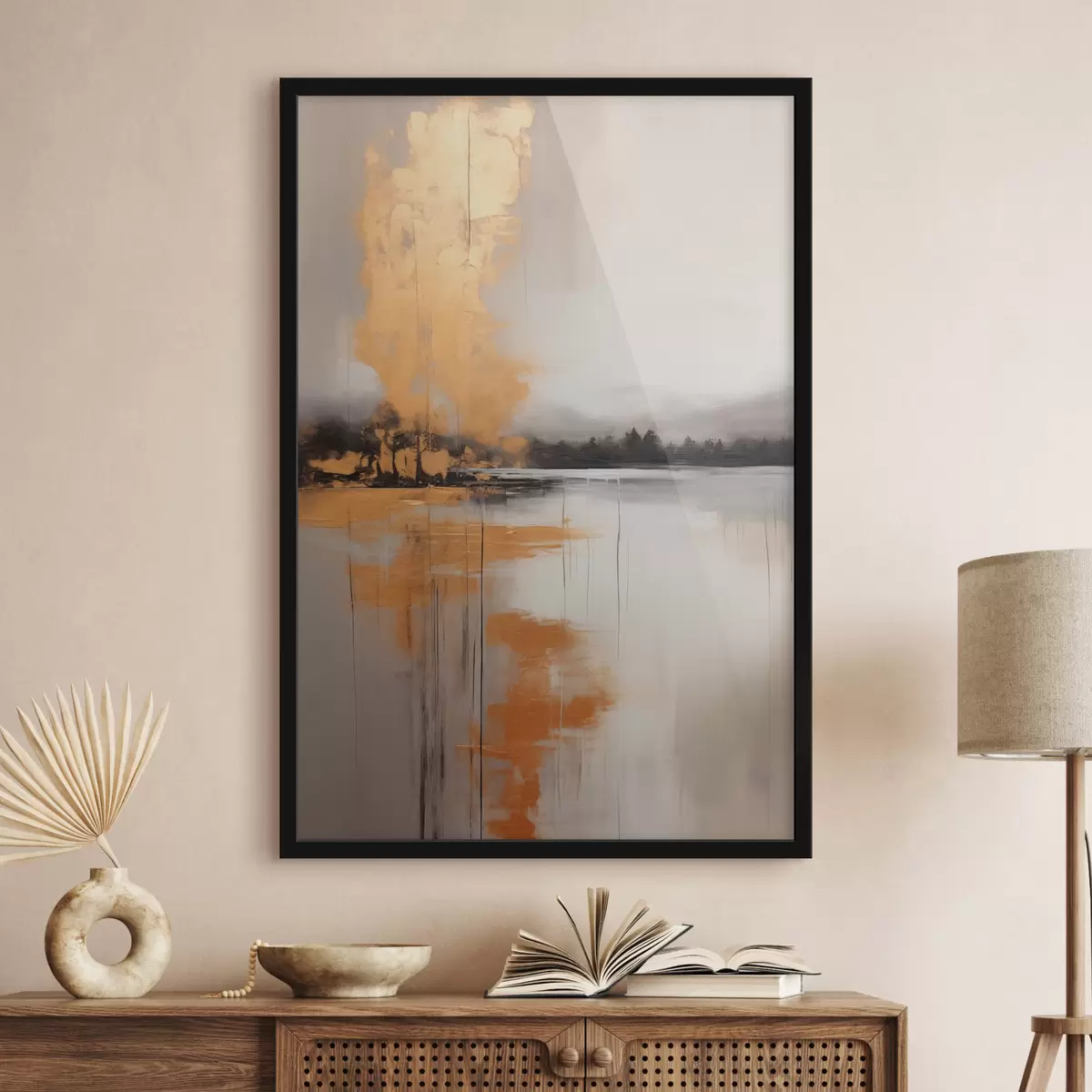 Poster Eine abstrakte Landschaft mit einem See, Baum und gelben Nebel, das Wasser spiegelt und bewölkten Himmel f45575