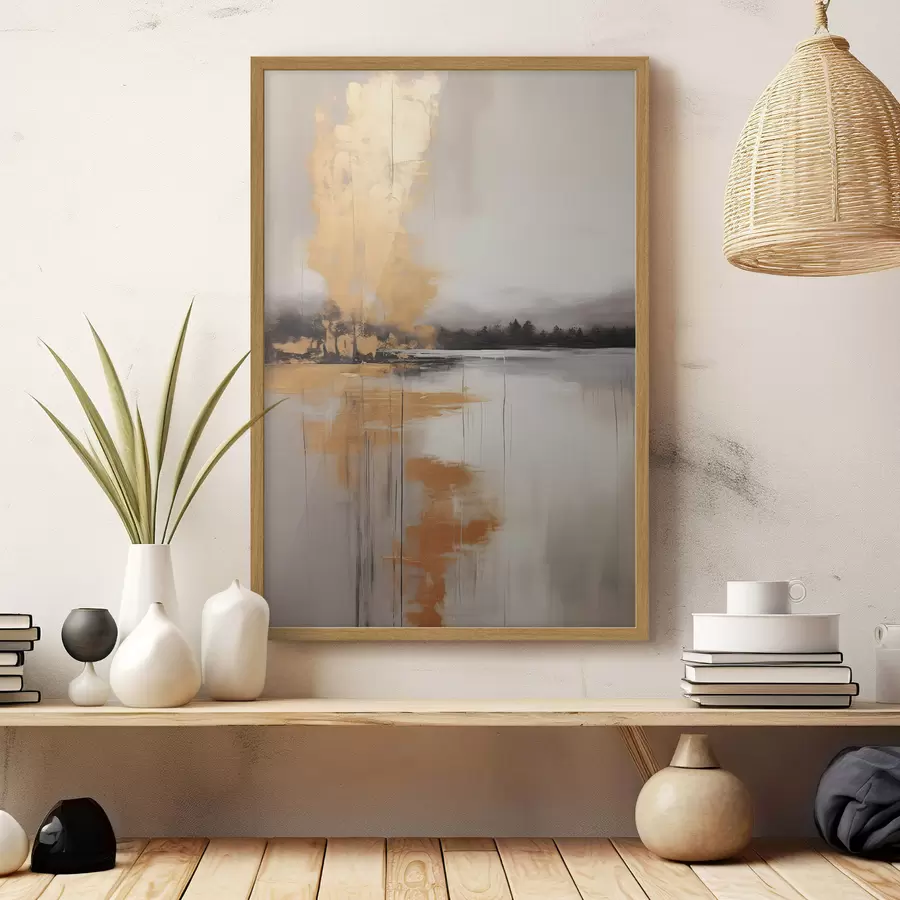 Fototapete Eine abstrakte Landschaft mit einem See, Baum und gelben Nebel, das Wasser spiegelt und bewölkten Himmel f45575