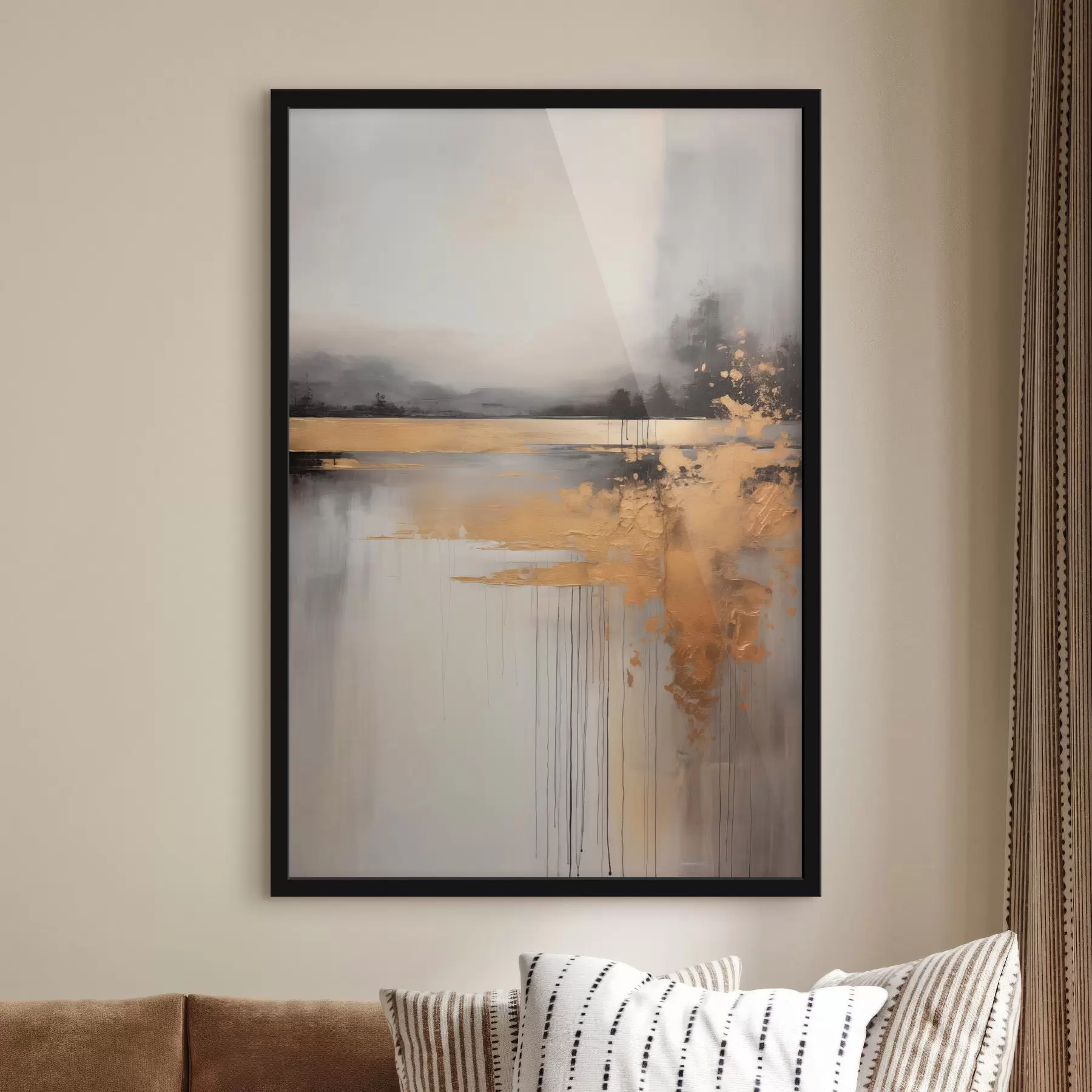 Fototapete Abstrakte, strukturierte Landschaft mit einem Fluss und dunklen Bäumen im Hintergrund, der Himmel ist bewölkt f45576