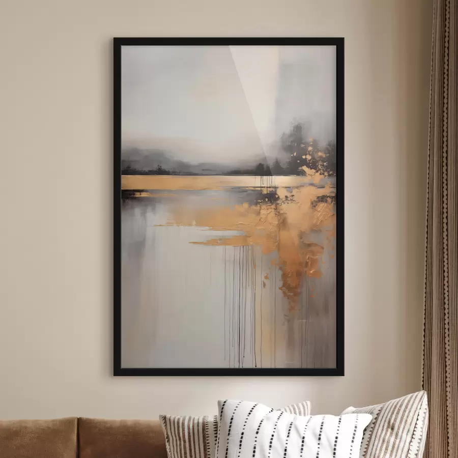 Fototapete Abstrakte, strukturierte Landschaft mit einem Fluss und dunklen Bäumen im Hintergrund, der Himmel ist bewölkt f45576