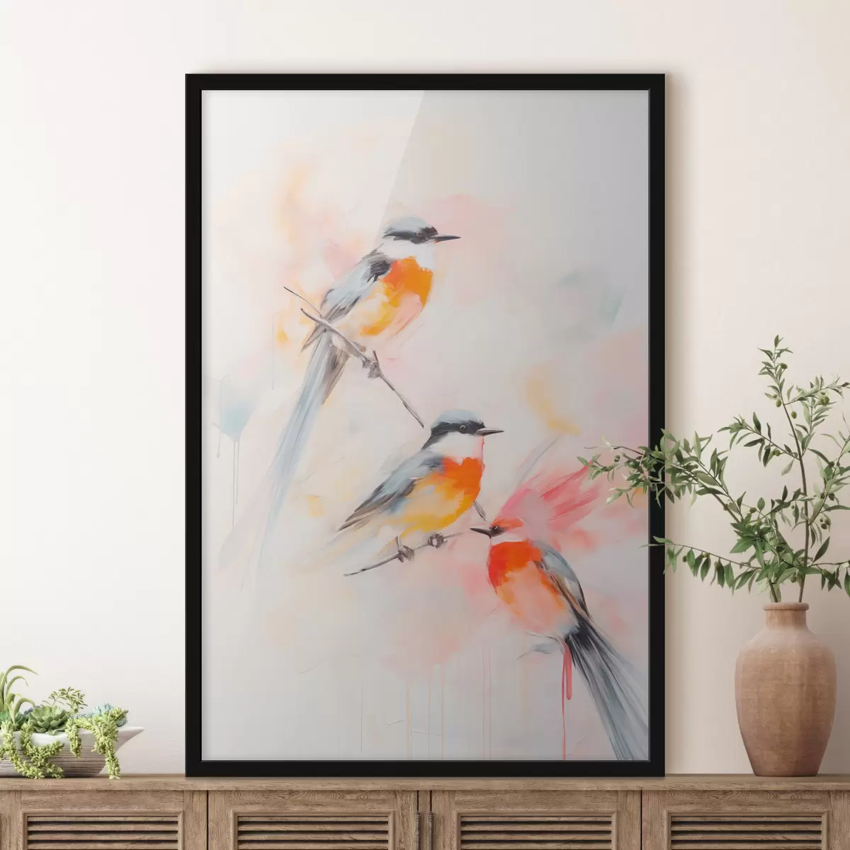 Poster Vögel auf Zweigen, weiche Pastellfarben, heller Hintergrund mit rosa und weißen Farbtönen f45577