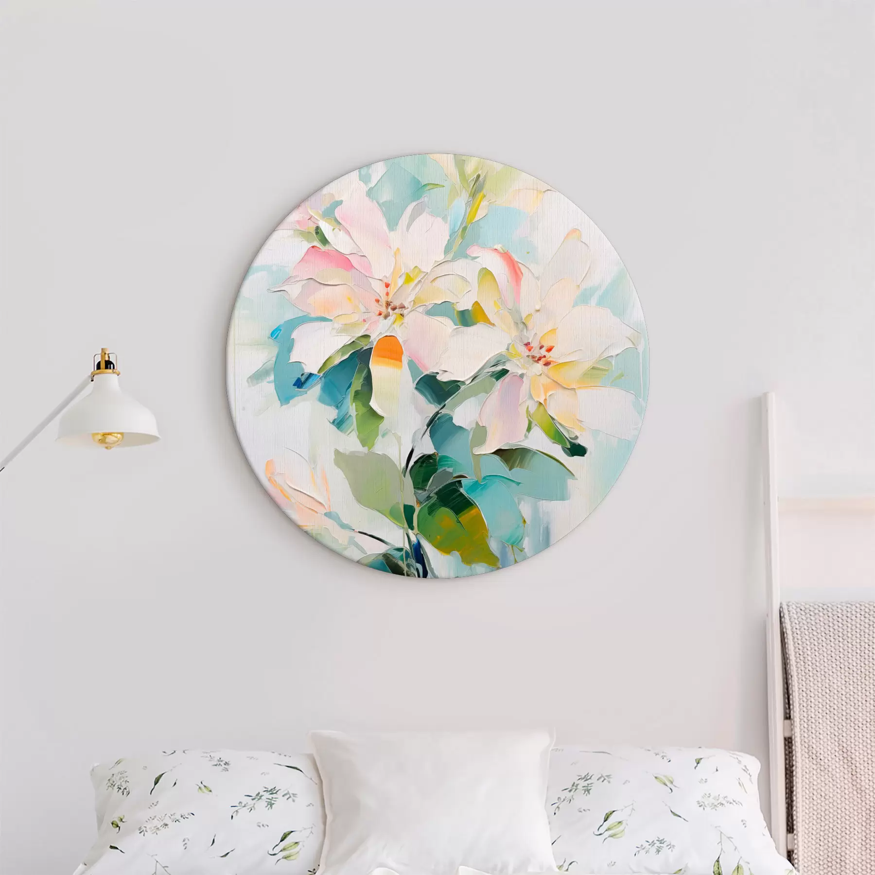 Wandbilder Blumen mit bunten Akzenten, grüne Blätter, weiche Pinselstriche Ölgemälde Nachahmung, hellblauem Hintergrund r45549