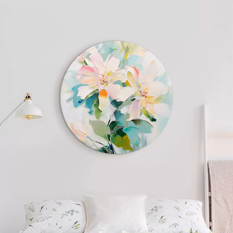 Wandbilder Blumen mit bunten Akzenten, grüne Blätter, weiche Pinselstriche Ölgemälde Nachahmung, hellblauem Hintergrund r45549