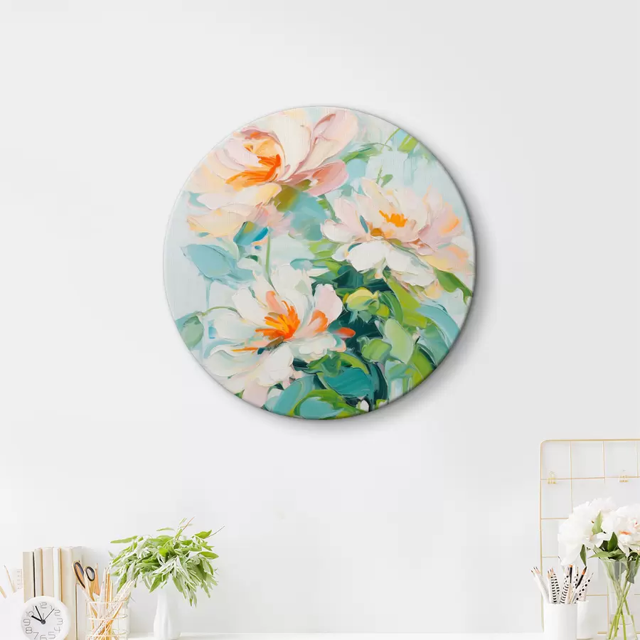 Wandbilder Weiß und Pastell Pfirsich Blumen, grüne Blätter, weiche Pinselstriche Ölgemälde Nachahmung, hellblauem Hintergrund r45550