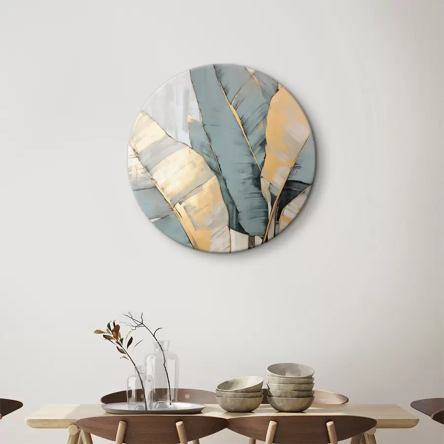 Wandbilder Gedämpfte blaue, graue und gelbe Bananenblätter mit sichtbaren Pinselstrichen vor einem weißen abstrakten Hintergrund r45552