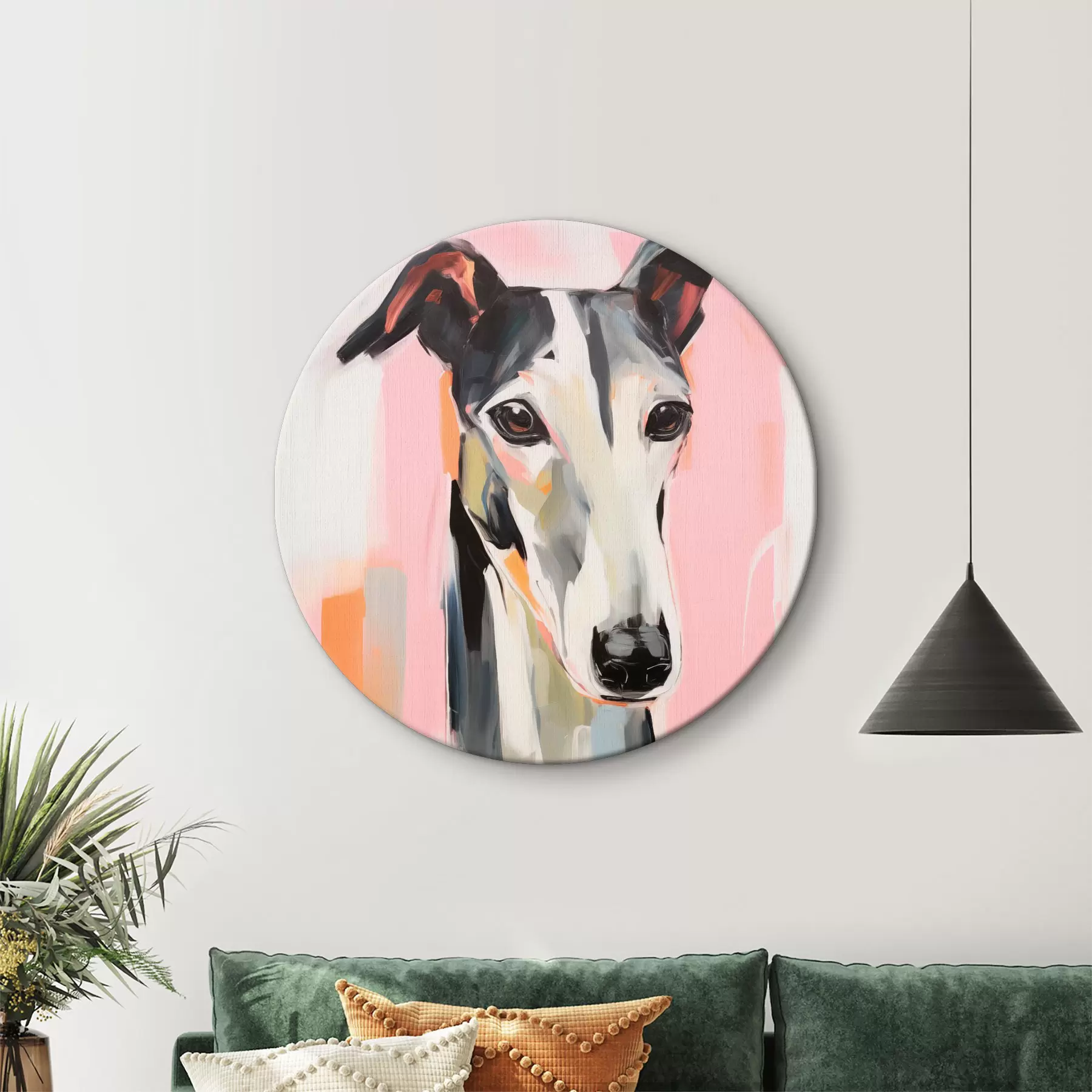 Wandbilder Ein Windhund vor einem Hintergrund aus rosa, orangefarbenen und weißen Pinselstrichen r45566