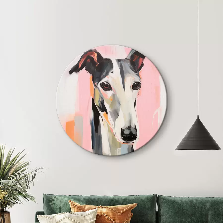 Wandbilder Ein Windhund vor einem Hintergrund aus rosa, orangefarbenen und weißen Pinselstrichen r45566