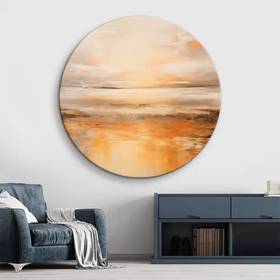Wandbilder Ein abstraktes Gemälde von einer Strandlandschaft mit einem ruhigen Meer, orangefarbenem Sand und einem bewölkten Himmel mit Sonne r45567