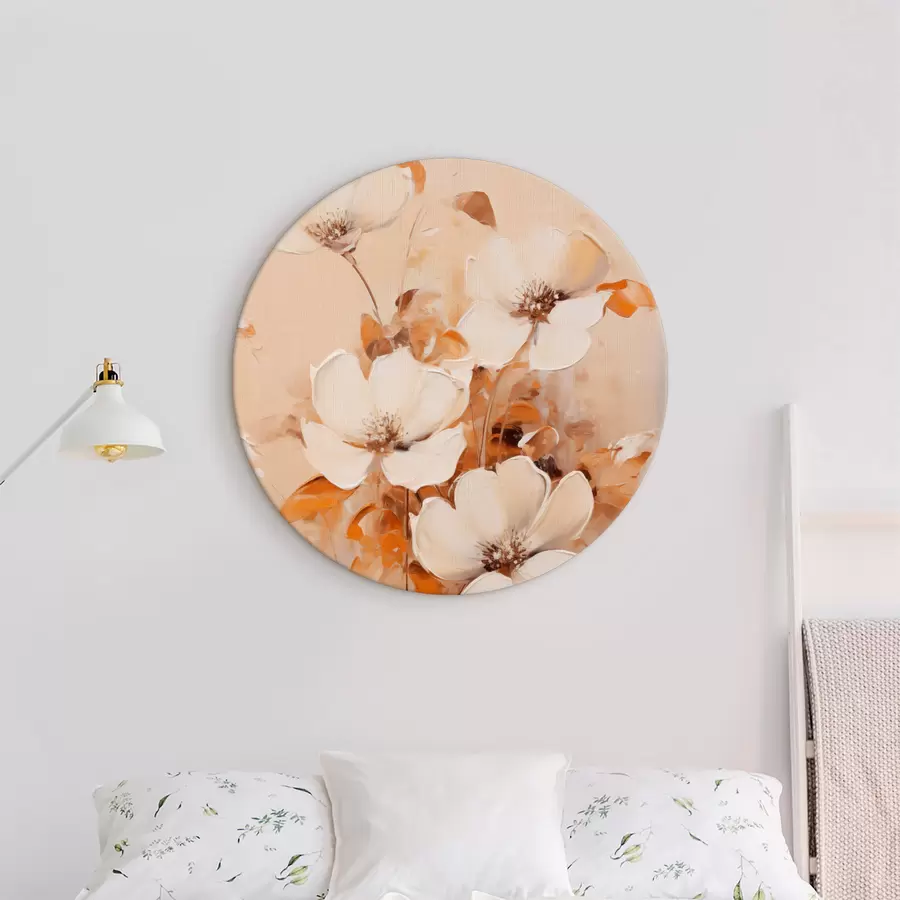 Wandbilder Weiße Blumen mit orangefarbenen Blättern, zarte Pinselstriche, warme Farbpalette, elegante Komposition r45573