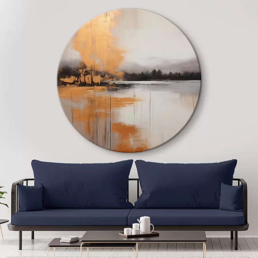 Wandbilder Eine abstrakte Landschaft mit einem See, Baum und gelben Nebel, das Wasser spiegelt und bewölkten Himmel r45575