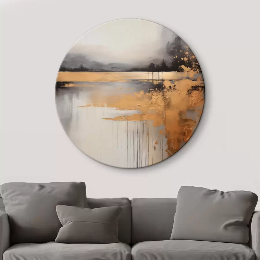 Wandbilder Abstrakte, strukturierte Landschaft mit einem Fluss und dunklen Bäumen im Hintergrund, der Himmel ist bewölkt r45576