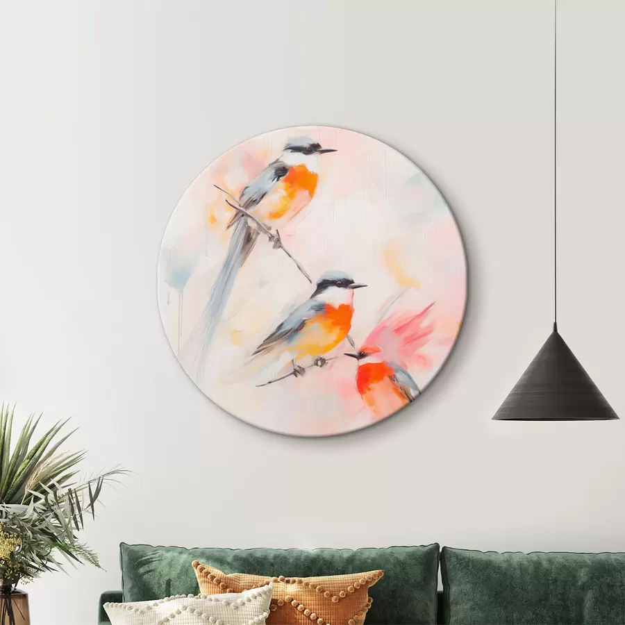 Wandbilder Vögel auf Zweigen, weiche Pastellfarben, heller Hintergrund mit rosa und weißen Farbtönen r45577